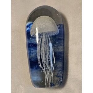 White Jellyfish w/blue Hand Blown Glass Art 5.5 Inches Glows In Dark